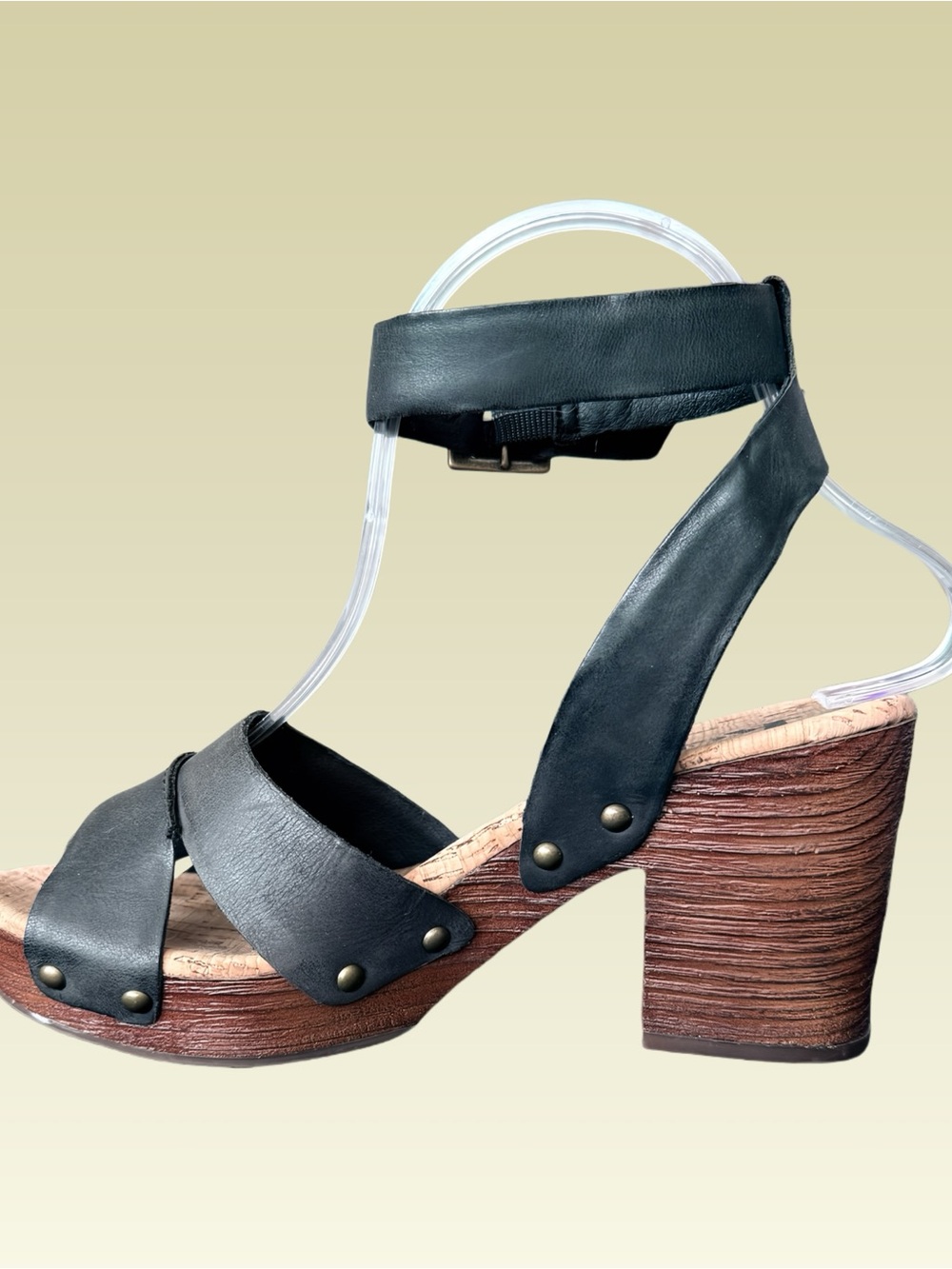 Korks Mia Black Leather Platform Sandals, Ankle Strap Block Heel, Size 6M - Picture 4 of 11